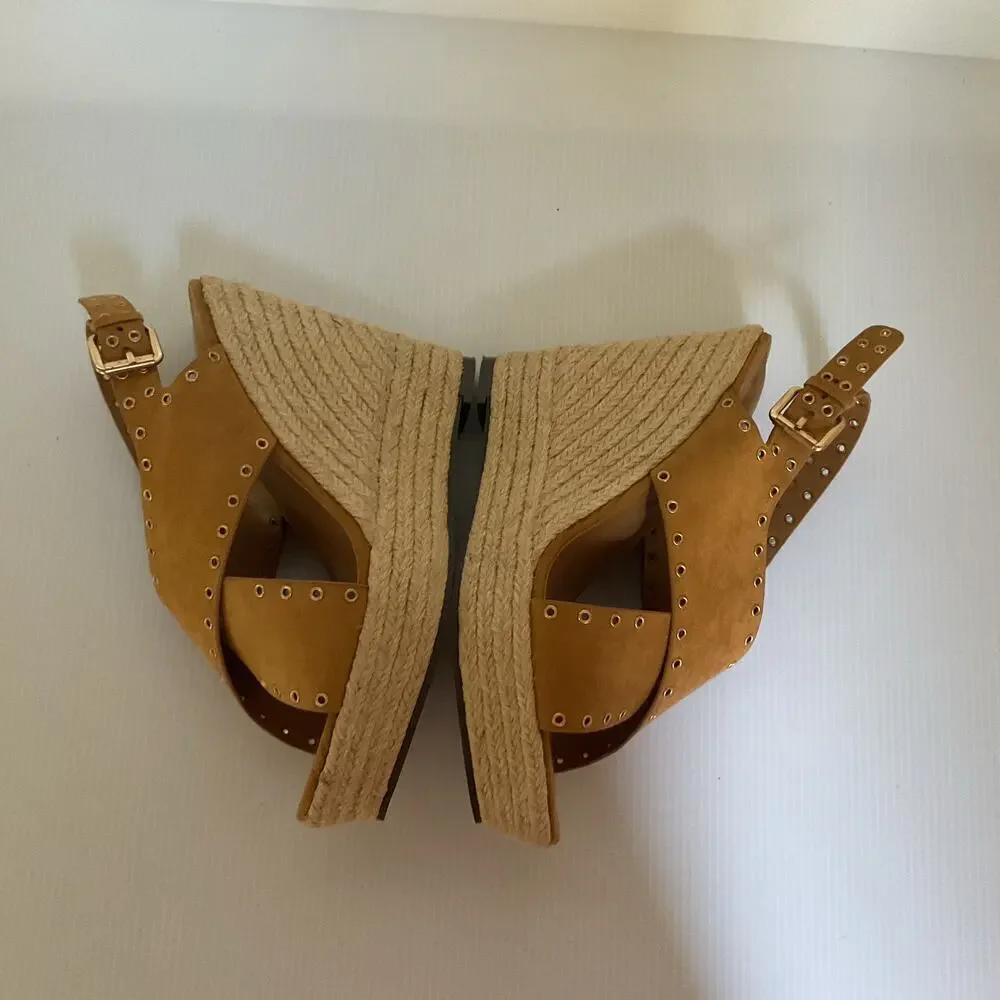 Report Wedge Sandals  Caden Espadrille Studded Tan Platform Peep Toe Boxed Sz 7